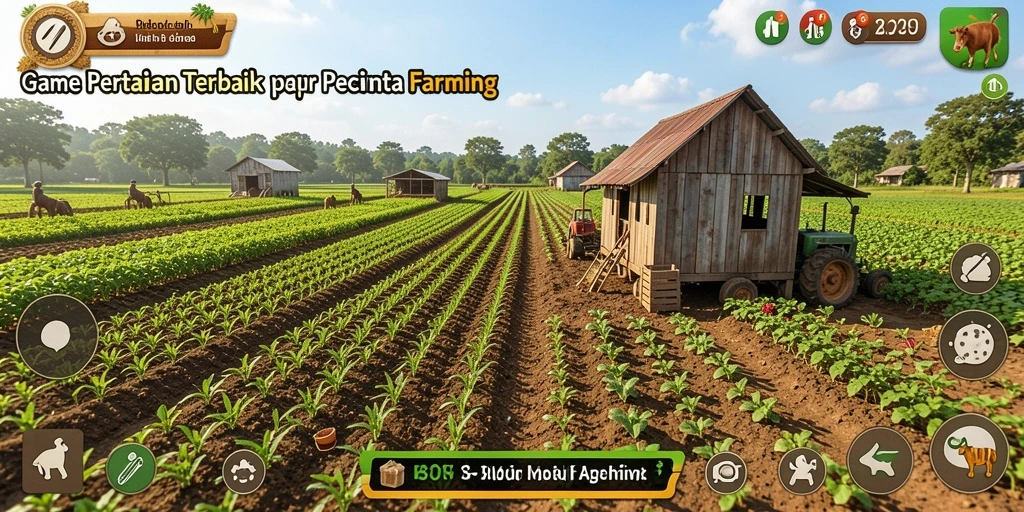 Gameplay MBOOM menampilkan ladang pertanian yang indah dan interaktif.