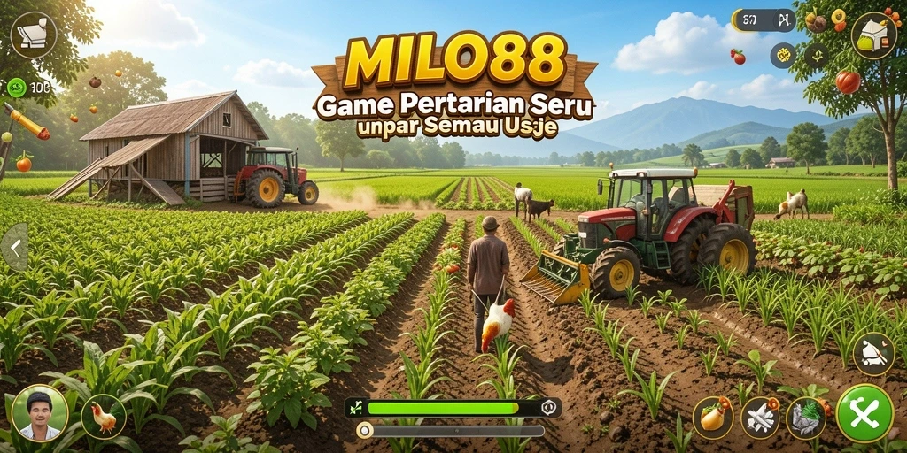 Tampilan gameplay seru di MILO88, saat bertani dan berinteraksi dengan hewan.